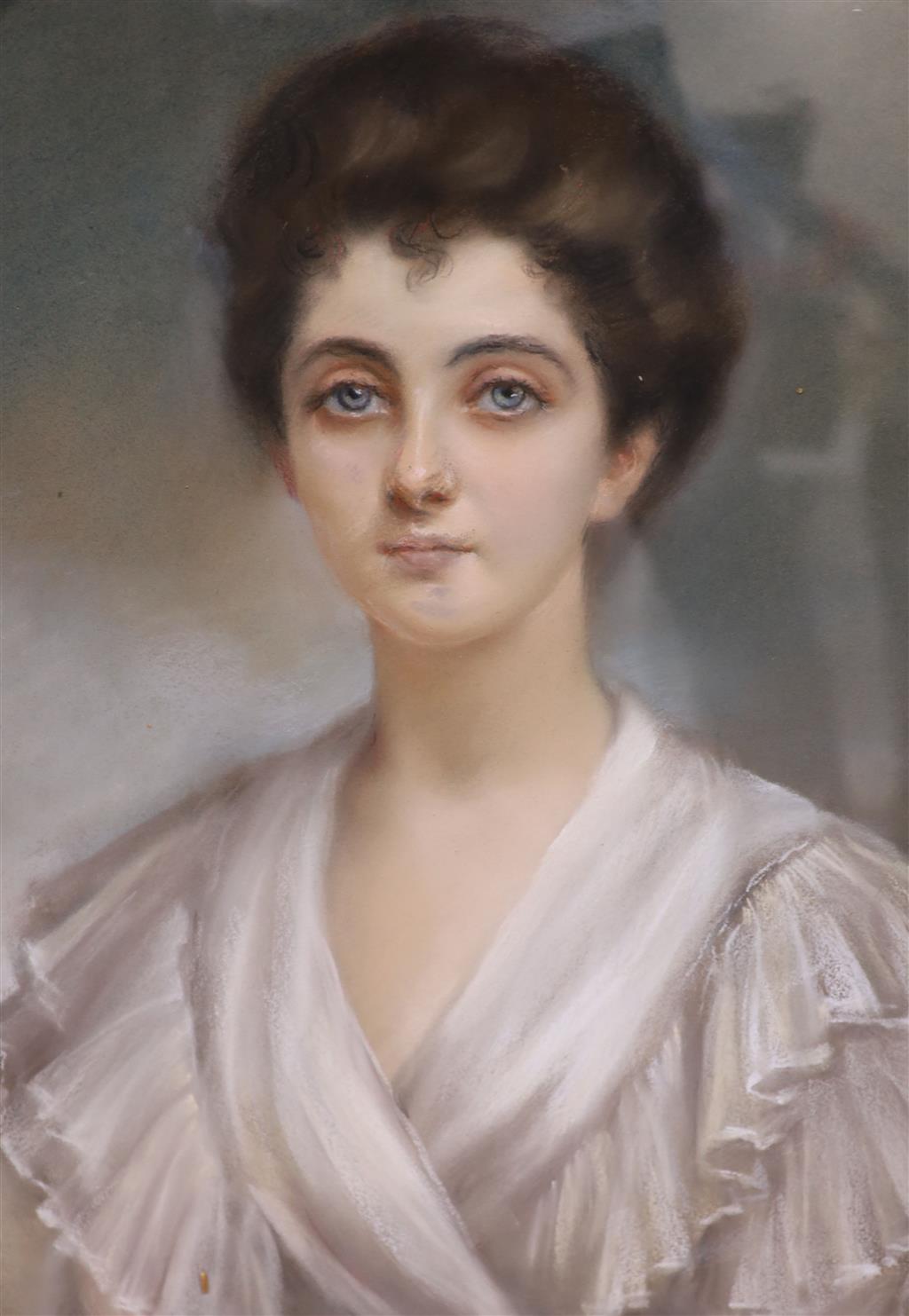 L. Hope c.1900, pastel, Portrait of a young lady wearing a white dress, signed, oval, 75 x 60cm